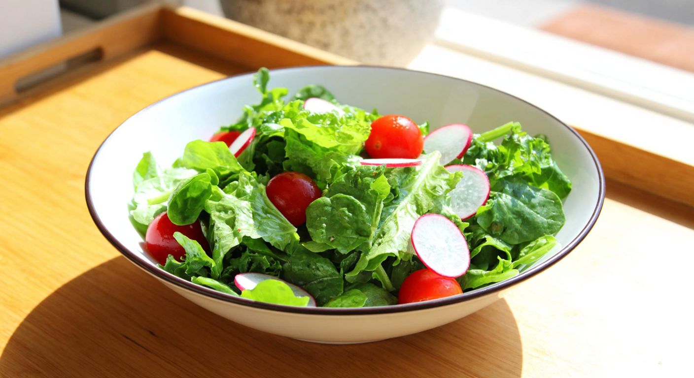 A vibrant bowl of fresh mascolin salad with crisp green leaves, sliced red radishes, and cherry tomatoes, drizzled with olive oil, placed on a rustic wooden table in a sunlit Turkish kitchen.