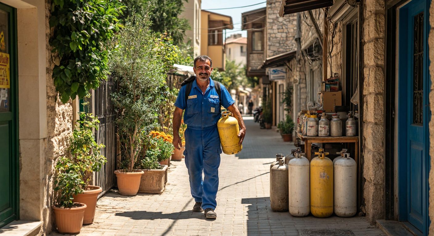 A sunlit street in Antalya's Dokuma district, with a cheerful middle-aged man in a blue work uniform carrying a gas cylinder on his shoulder, standing near a small shop with stacked cylinders outside, surrounded by potted plants and warm stone buildings.