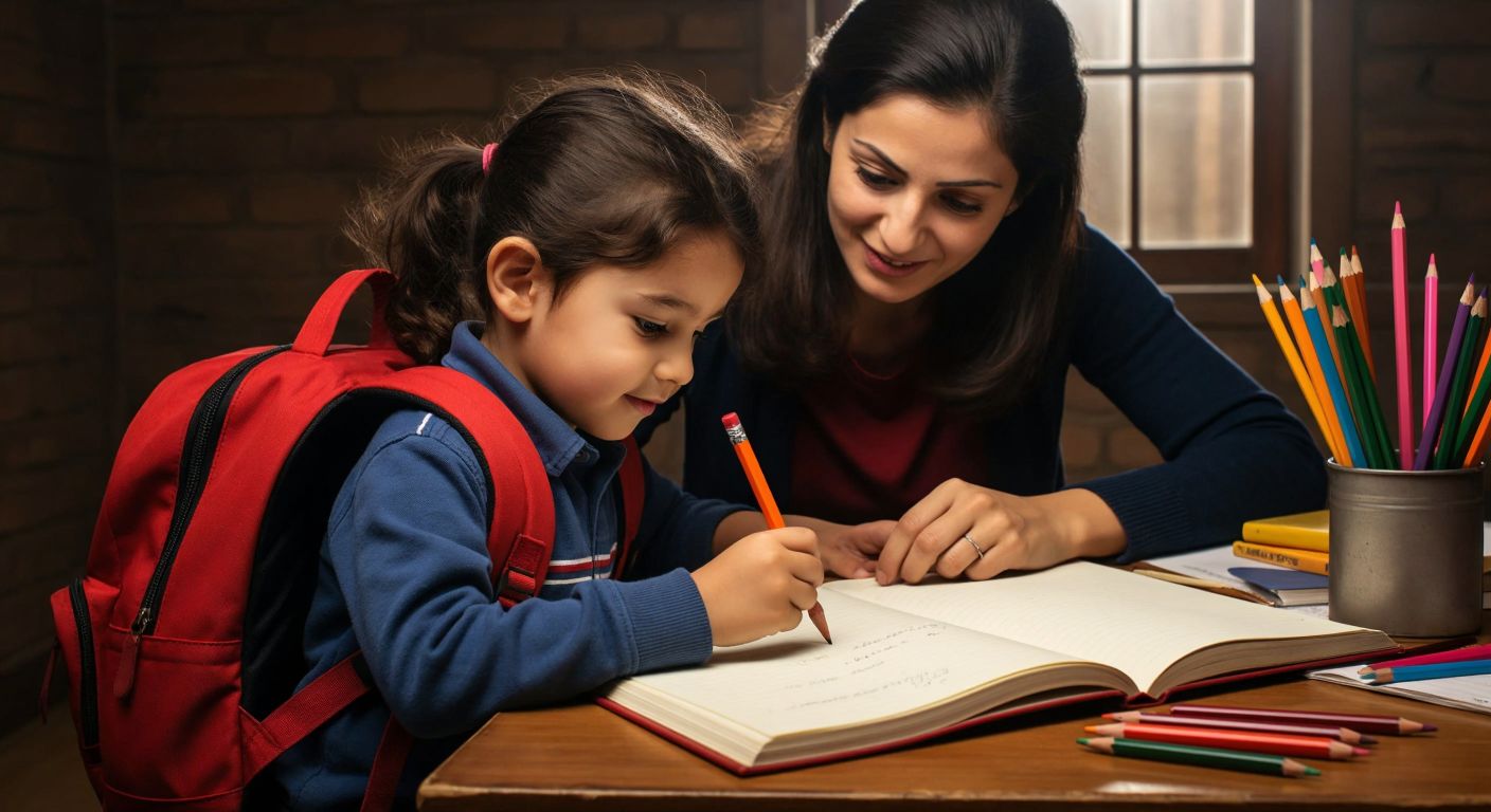 A young Turkish child with a bright red backpack carefully writes in a lined notebook at a wooden school desk, surrounded by colorful pencils and an open textbook, while a smiling teacher gently guides their hand.