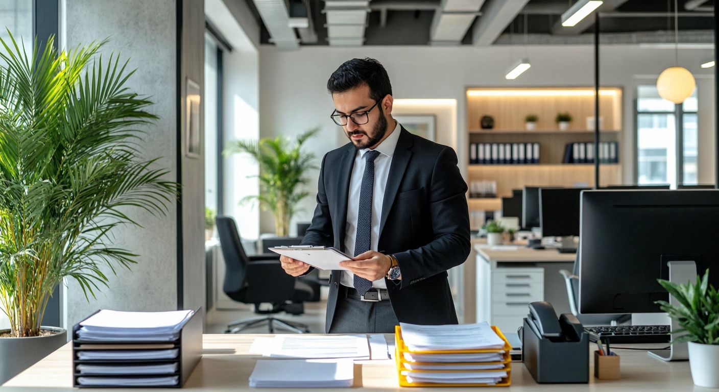 A neatly dressed Turkish office worker in a modern Ankara office, organizing files, answering phones, and coordinating with colleagues in a bright, organized workspace.