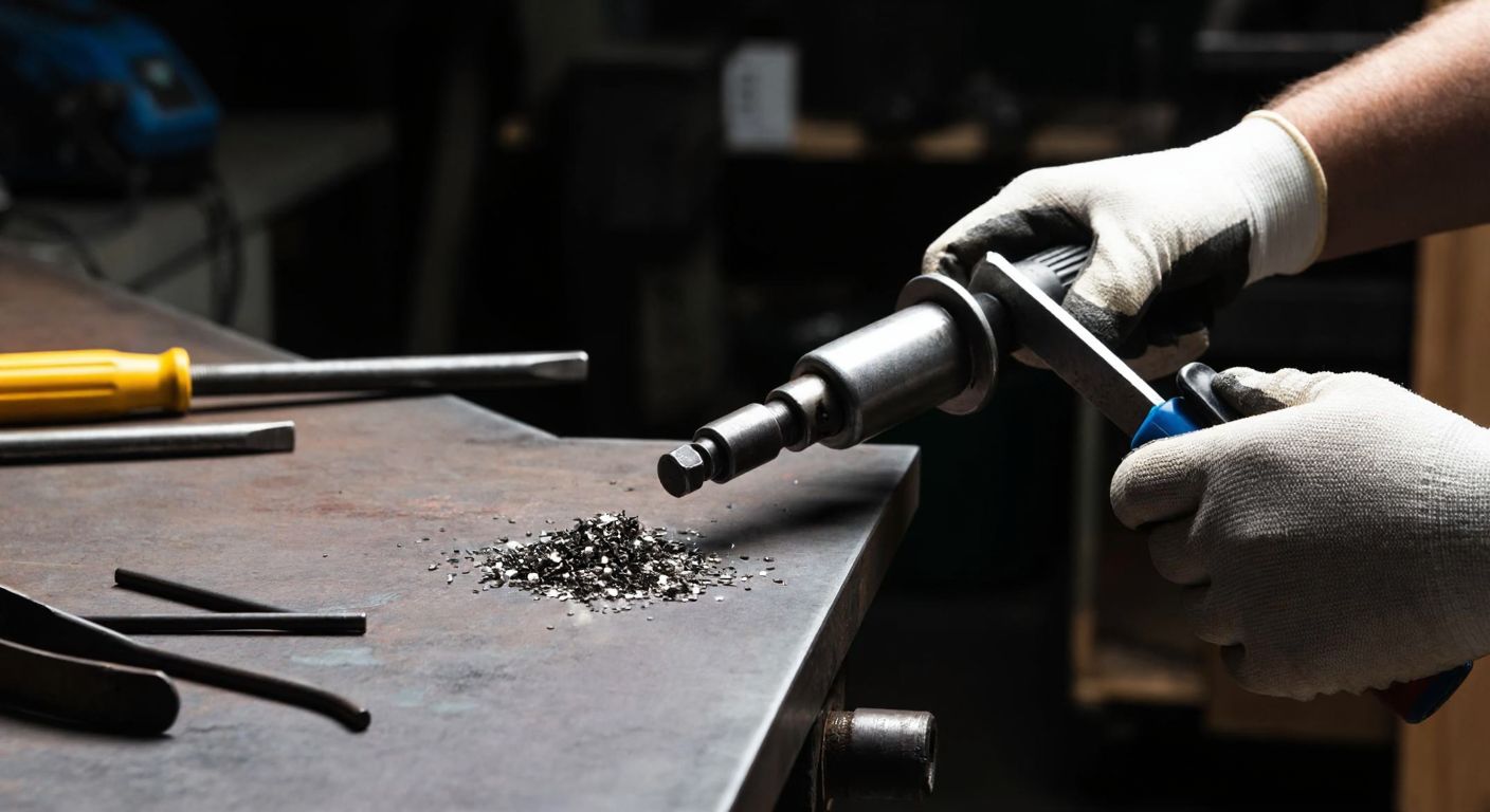 A close-up of a worker’s gloved hands using a rivet gun to secure a nutted rivet into a metal sheet in a dimly lit workshop, with scattered tools and metal shavings nearby.