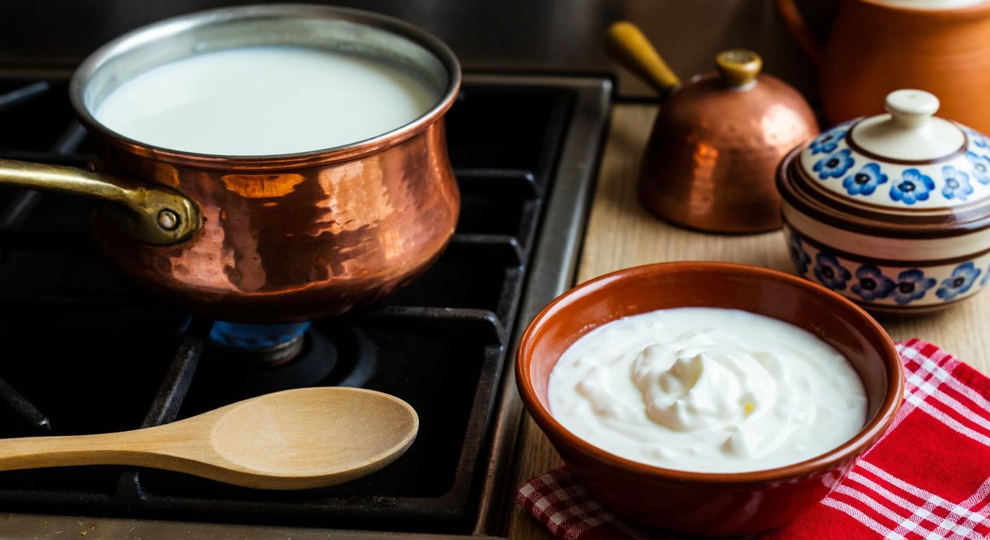 A warm Turkish kitchen with a copper pot of steaming milk on a stove, a wooden spoon resting beside it, and a bowl of creamy yogurt starter ready to be mixed, surrounded by traditional ceramic dishes and a checkered cloth.