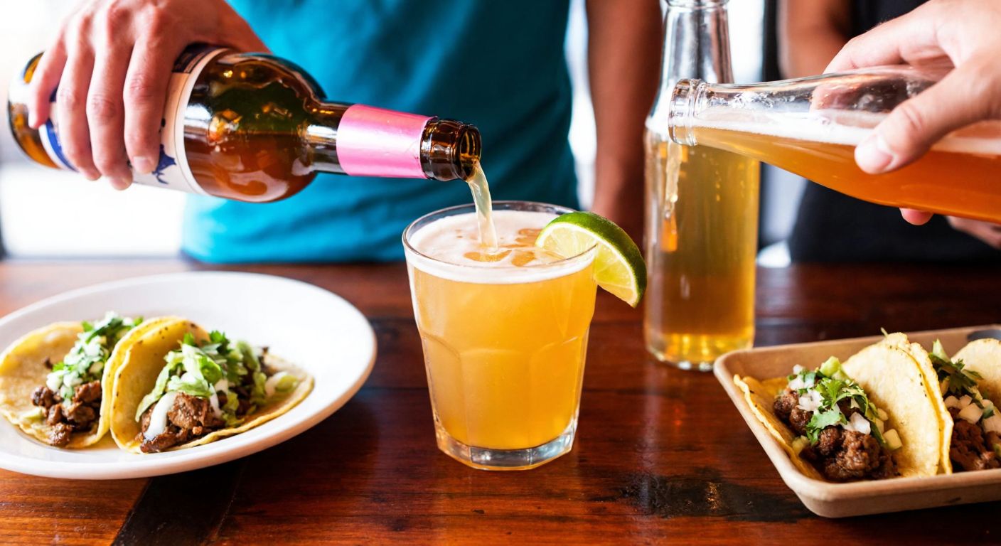 A lively Mexican cantina scene with a bartender pouring a golden kettle sour beer into a glass garnished with lime, while a plate of tacos sits nearby on a rustic wooden table, evoking a festive and social atmosphere.
