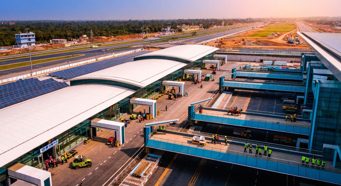 A bustling Indian airport terminal with modern architecture, workers in high-visibility vests guiding planes, and a distant view of solar panels and highways under construction, reflecting GMR Group's diverse infrastructure projects.