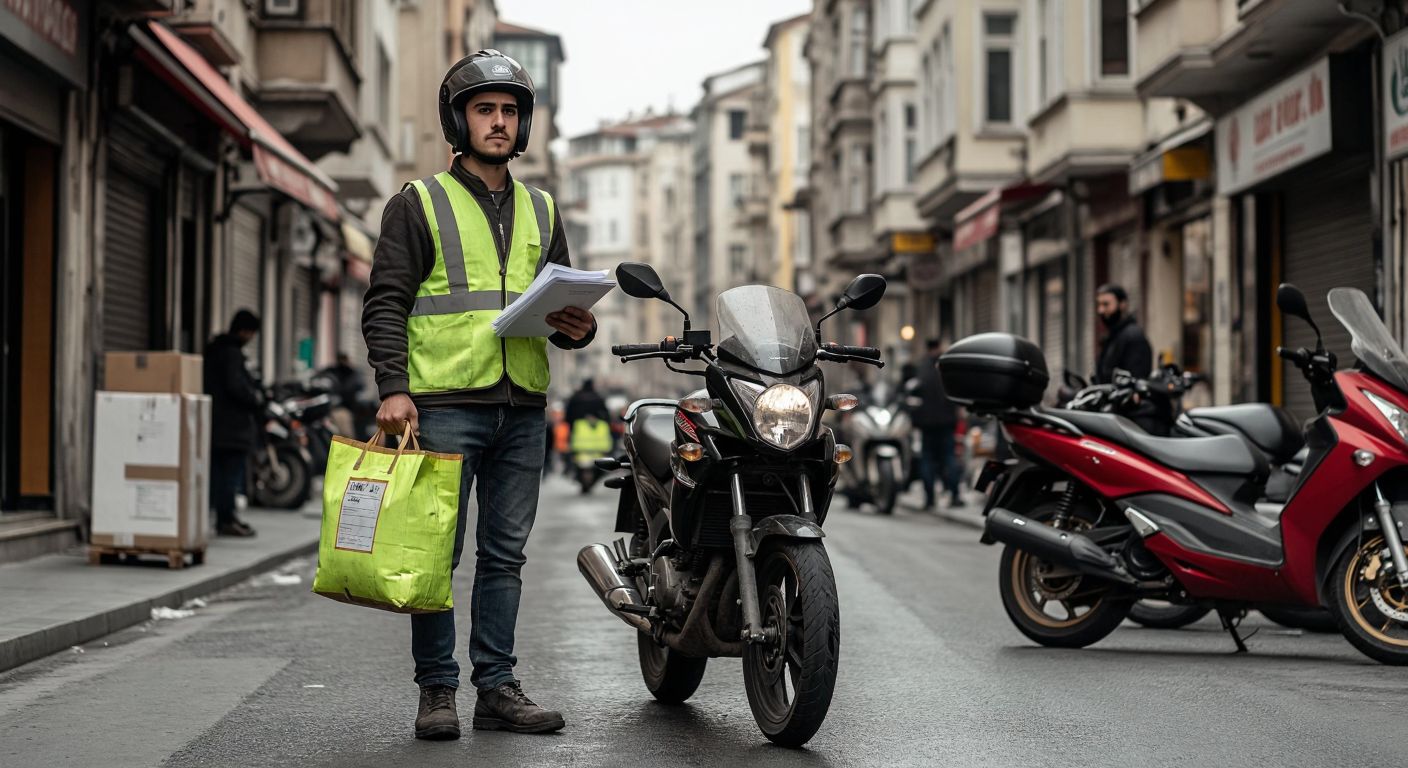 A determined young man in a reflective vest and helmet stands beside a parked motorbike with a delivery bag, holding a stack of official documents against the backdrop of a bustling Istanbul street.