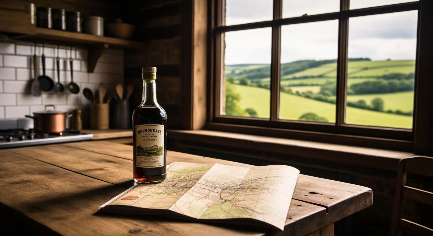 A rustic wooden table in an English countryside kitchen holds a bottle of dark Worcestershire sauce next to a folded map of Worcestershire county, with rolling green hills visible through a window.
