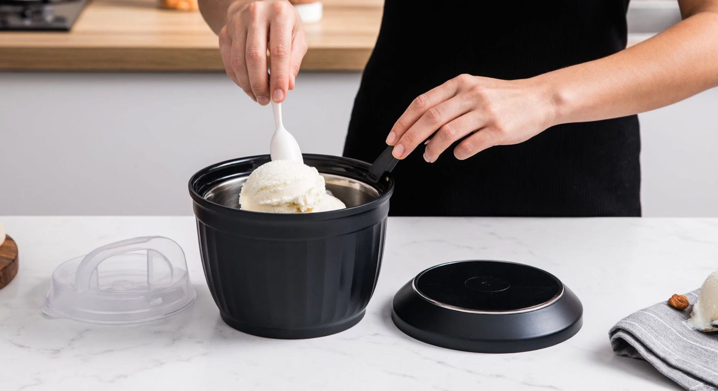 A person in a cozy Turkish kitchen carefully assembling a Karaca ice cream maker, placing the mixing paddle into the frost-covered bowl while the base and lid rest nearby on a marble countertop.