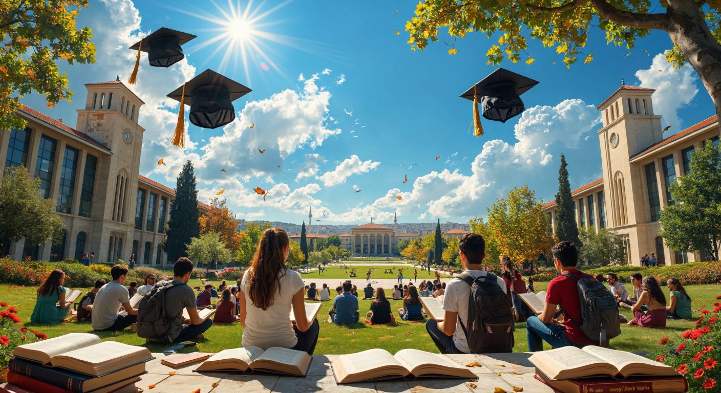 A vibrant Turkish university campus with diverse students studying under a sunny sky, surrounded by books and academic symbols like graduation caps and scrolls.