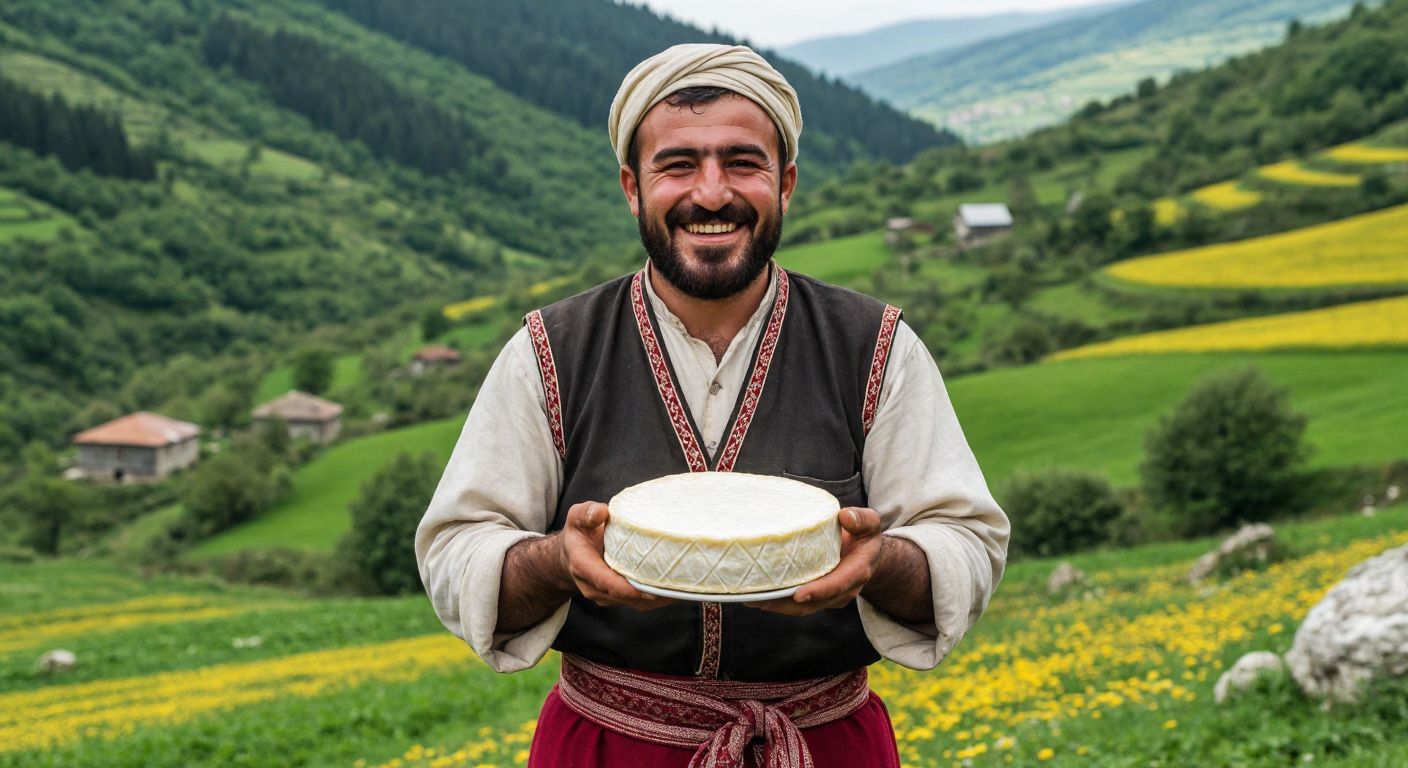A smiling Turkish farmer in traditional attire proudly holding a round of fresh Kaanlar kuymak cheese against a backdrop of lush green pastures in the Black Sea region.