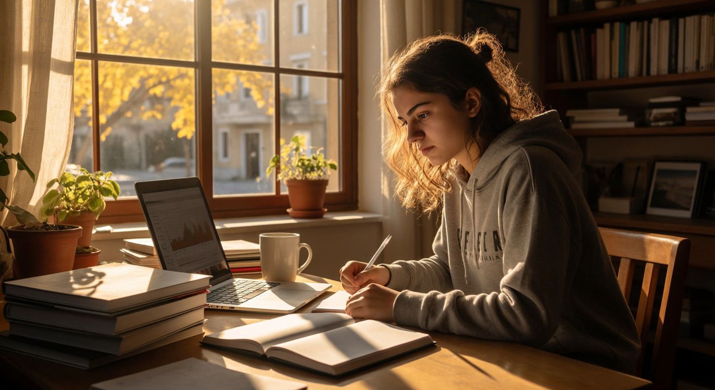 A determined young student in Turkey sits at a wooden desk, surrounded by stacked finance textbooks, a notebook with handwritten notes, and a laptop playing an educational video, while sunlight streams through a window onto a neatly organized study schedule.