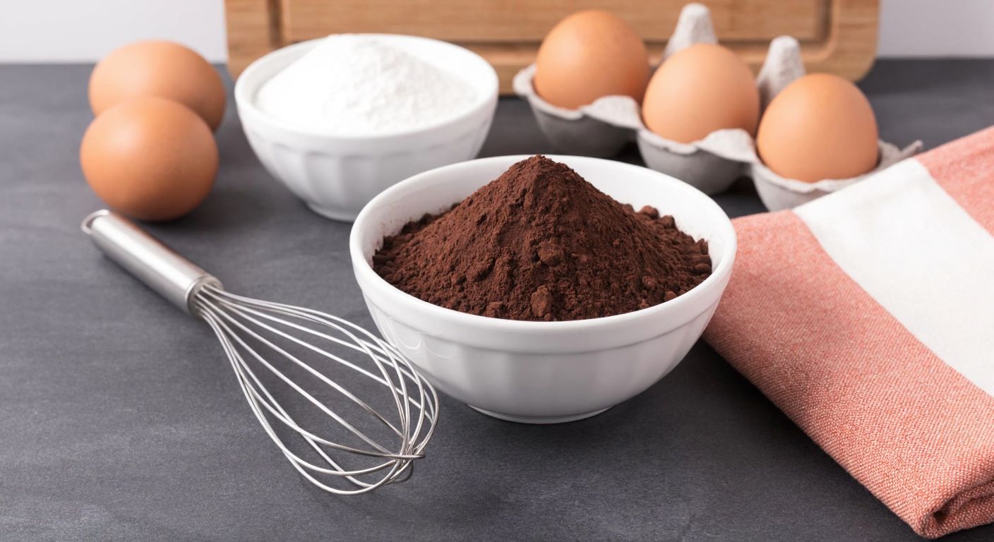 A Turkish kitchen counter with a bowl of Melodi chocolate powder, a whisk, and fresh ingredients like eggs and flour, evoking curiosity and the joy of baking.