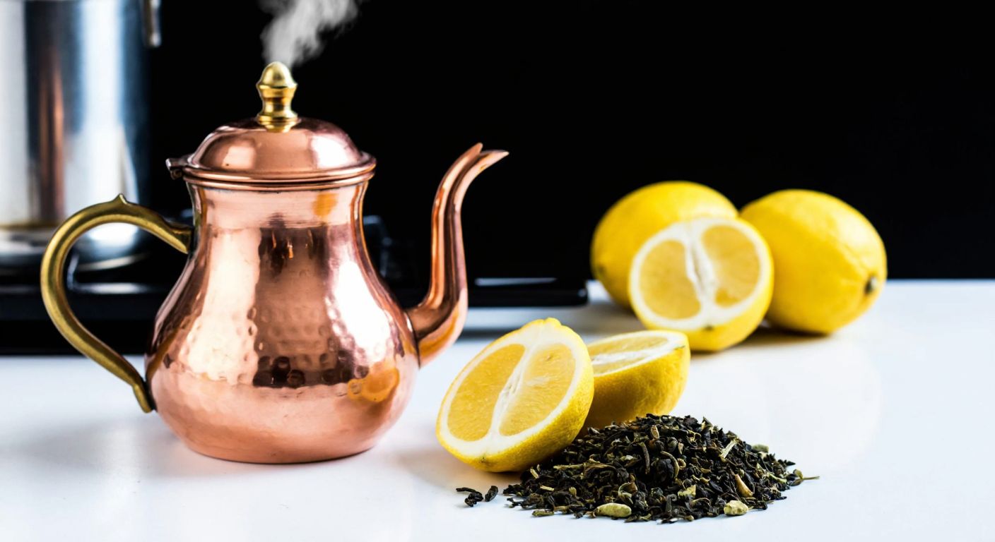 A traditional Turkish copper çaydanlık steams on a stove, with fresh bergamot slices and loose tea leaves beside it, evoking warmth and aromatic richness.