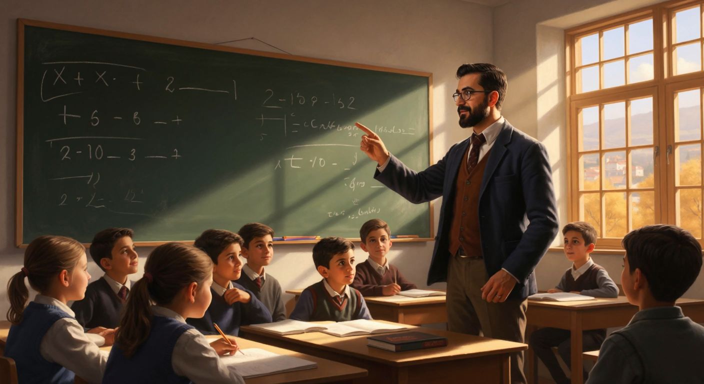 A Turkish teacher in a sunlit classroom writes algebraic expressions on a blackboard, pointing confidently at "2x + 10 = 16" and "2(x+1) = 2x + 2" while students watch with focused curiosity.