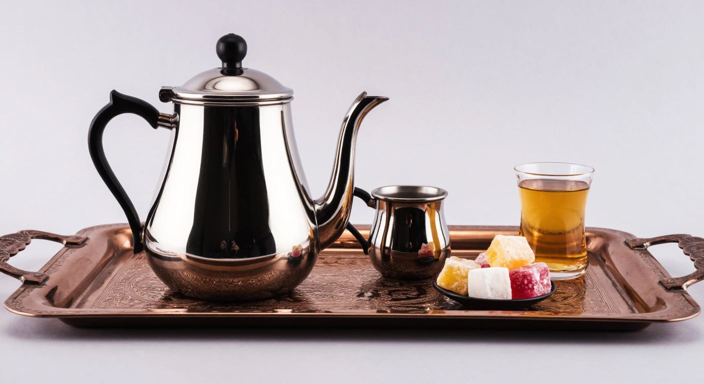 A shiny stainless steel teapot set with a kettle and smaller teapot, placed on a traditional Turkish tray alongside small tulip-shaped glasses and a plate of Turkish delight.