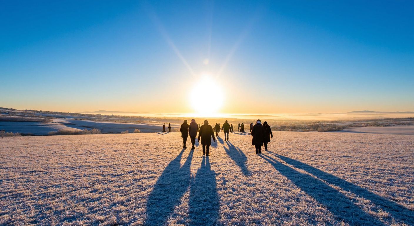 A bright, crisp winter day in Turkey, with golden sunlight streaming over a frost-covered landscape where people in warm coats walk under a clear blue sky.