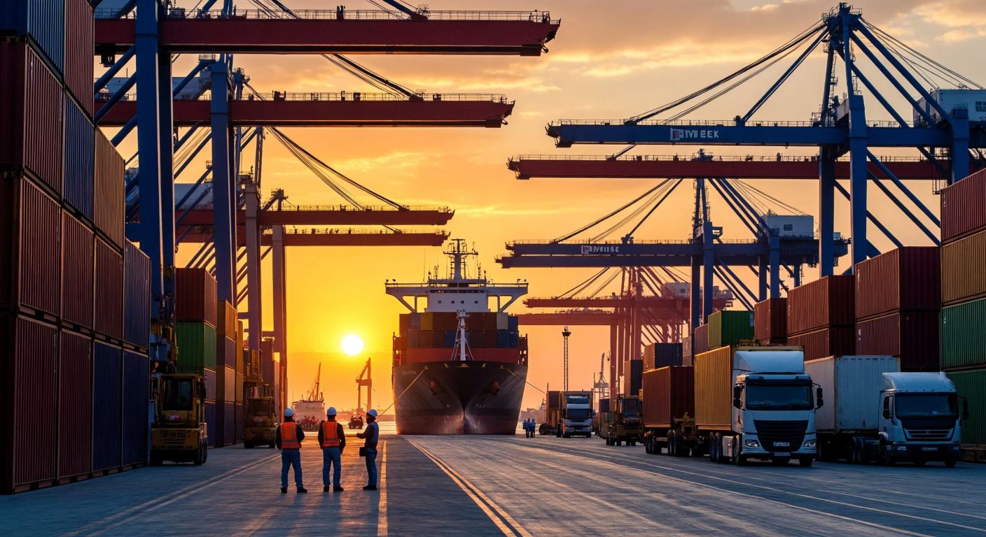 A bustling Turkish port at sunset, with towering cranes lifting colorful shipping containers onto a massive cargo ship, workers in hard hats directing operations, and trucks lined up along the docks under a golden sky.