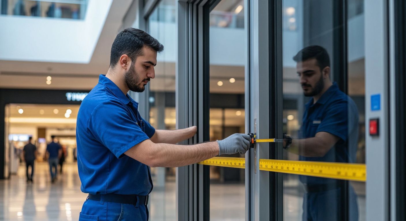 A focused Turkish worker in a blue uniform measures a sleek automatic sliding door frame with a metal tape measure in a modern shopping mall entrance.