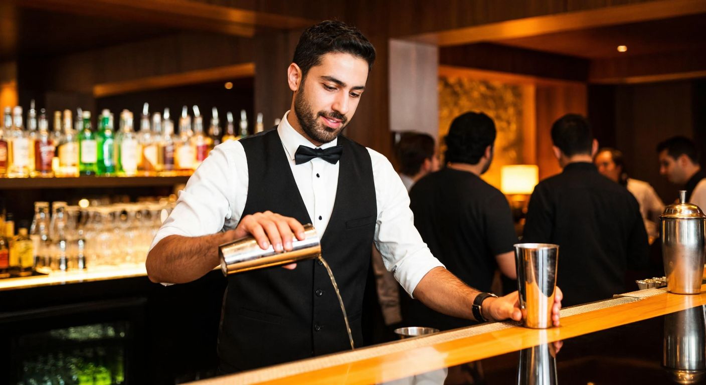 A confident Turkish head bartender in a sleek black vest, shaking a cocktail shaker with precision behind a polished wooden bar, surrounded by colorful bottles and attentive staff in a warmly lit upscale restaurant.