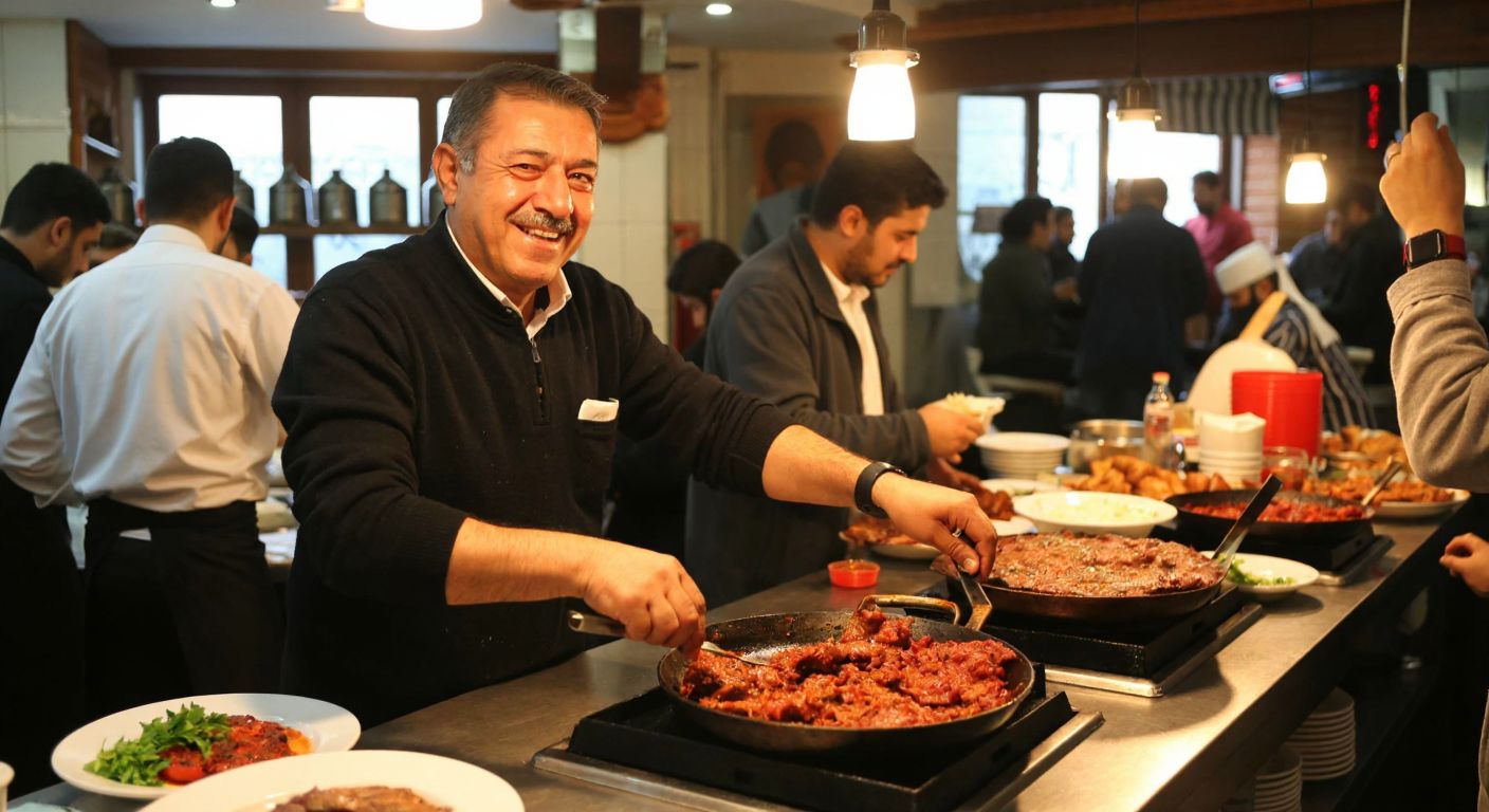 A bustling kebab restaurant in Turkey with a smiling middle-aged man, likely Hayrettin Yöndem, serving sizzling plates of İskender kebap to eager customers amid warm lighting and the aroma of grilled meat.