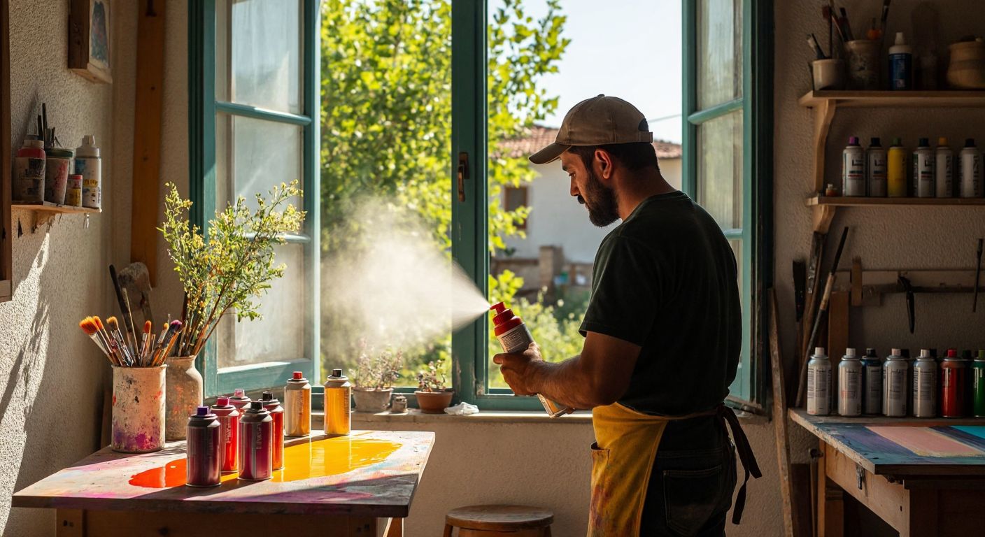 A craftsman in a sunlit Turkish workshop carefully sprays smooth, vibrant paint onto a wooden chair, surrounded by neatly arranged cans of spray paint and a well-ventilated open window.