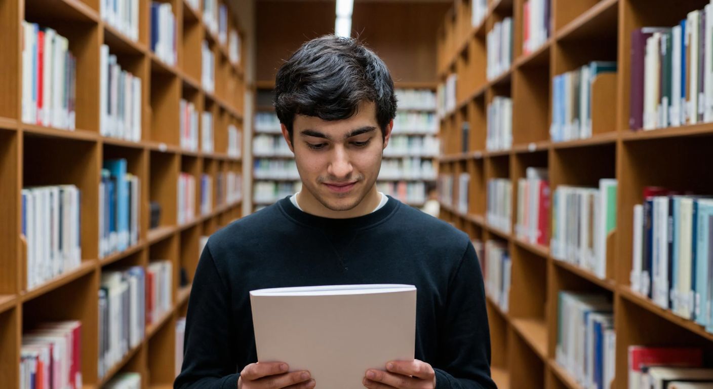 A focused student in a quiet library in Istanbul, surrounded by shelves of academic theses, holding a printed thesis with a relieved expression.