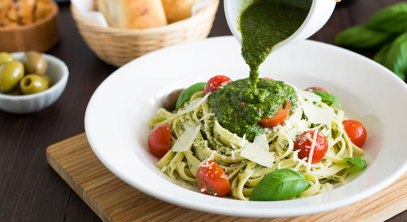 A vibrant green basil pesto sauce drizzled over a plate of fresh pasta, topped with cherry tomatoes and grated cheese, set on a rustic wooden table with a small bowl of olives and a basket of warm bread in the background.
