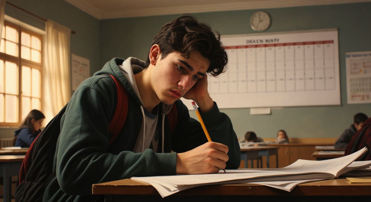 A tense Turkish high school student in a classroom nervously gripping a pencil while glancing at a blank exam paper, with a wall calendar showing December and January in the background.