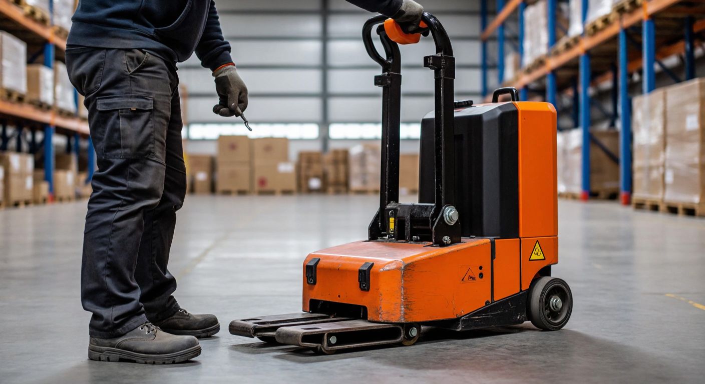 A sturdy, well-maintained electric pallet jack sits in a clean, dry warehouse in Turkey, its battery unplugged and stored safely nearby, with a technician in work gloves inspecting its wheels and hydraulics.