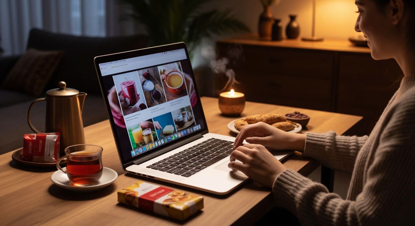 A person in a cozy Turkish home excitedly browsing a laptop screen with colorful product images, surrounded by small packages and a steaming cup of çay on a wooden table.