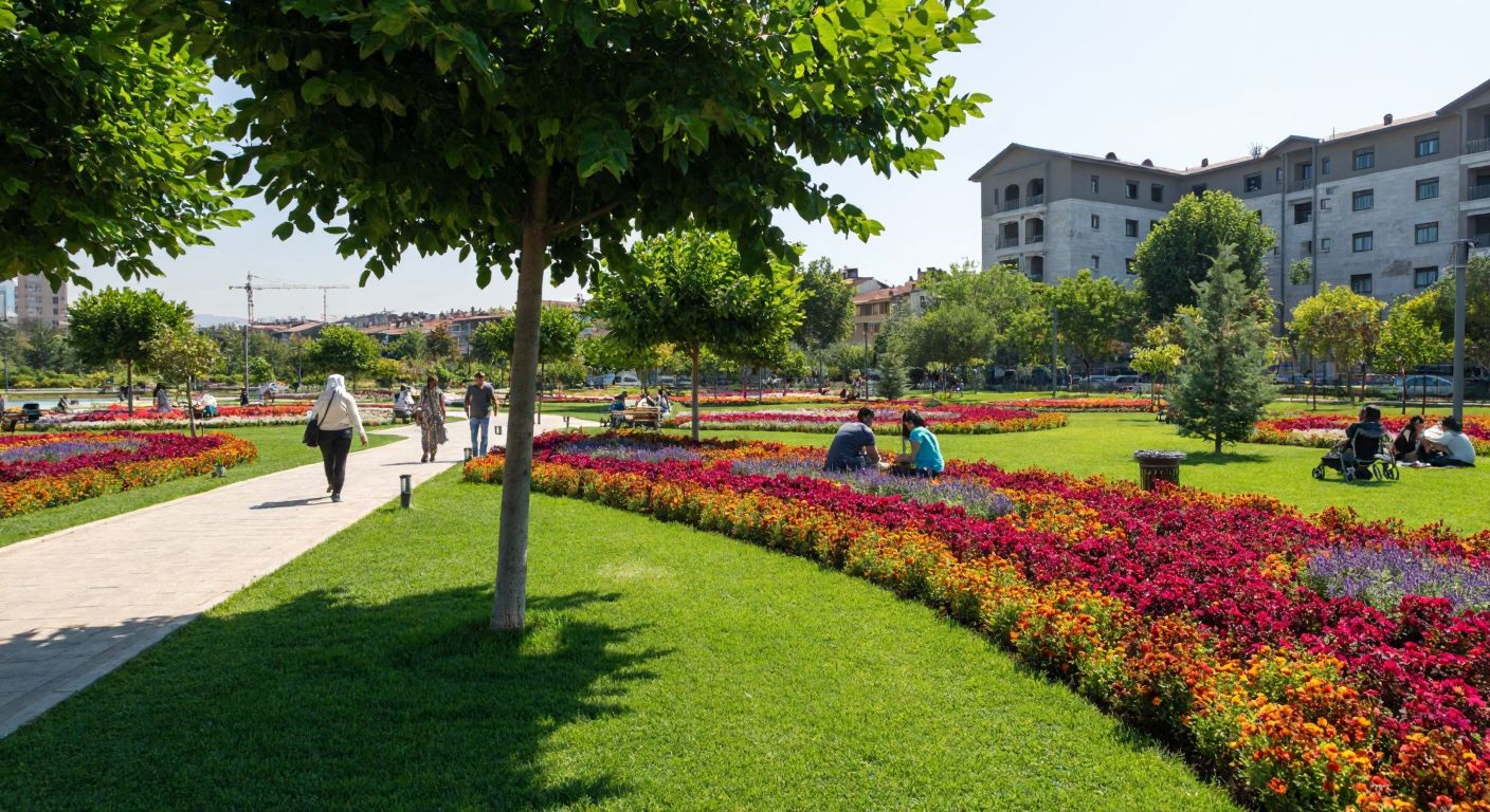 A vibrant Turkish millet bahçesi (public garden) with colorful flower beds, shaded walking paths, and families picnicking on green grass, set against the backdrop of a recently demolished prison's empty lot.