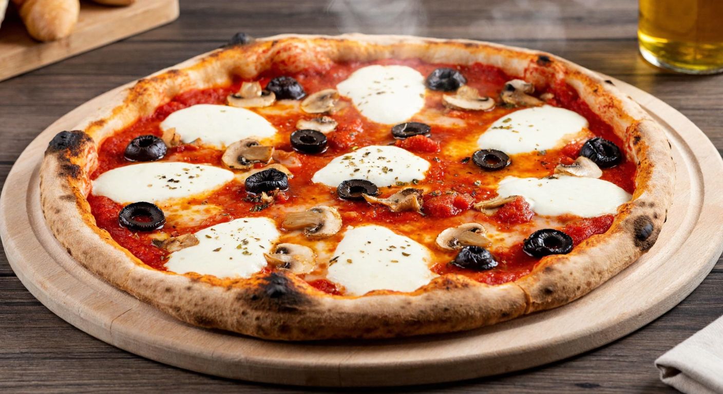 A freshly baked mozzarella pizza with a golden crust, topped with melted mozzarella cheese, rich tomato sauce, and scattered toppings like mushrooms and olives, steaming on a wooden table in a cozy Turkish pizzeria.