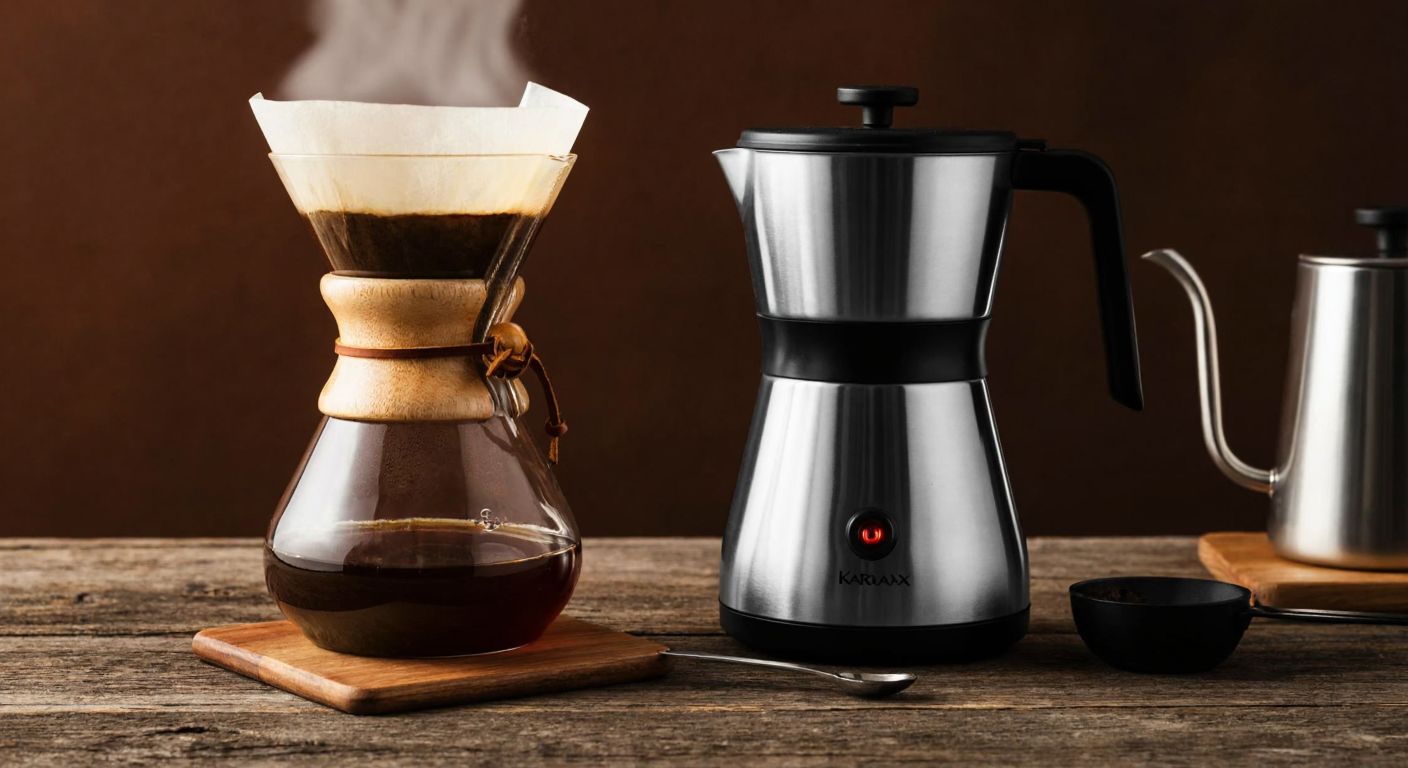 A sleek glass Chemex coffee brewer with a wooden collar sits beside a modern Karaca-branded stainless steel coffee maker on a rustic wooden table, with steam rising from freshly brewed coffee.