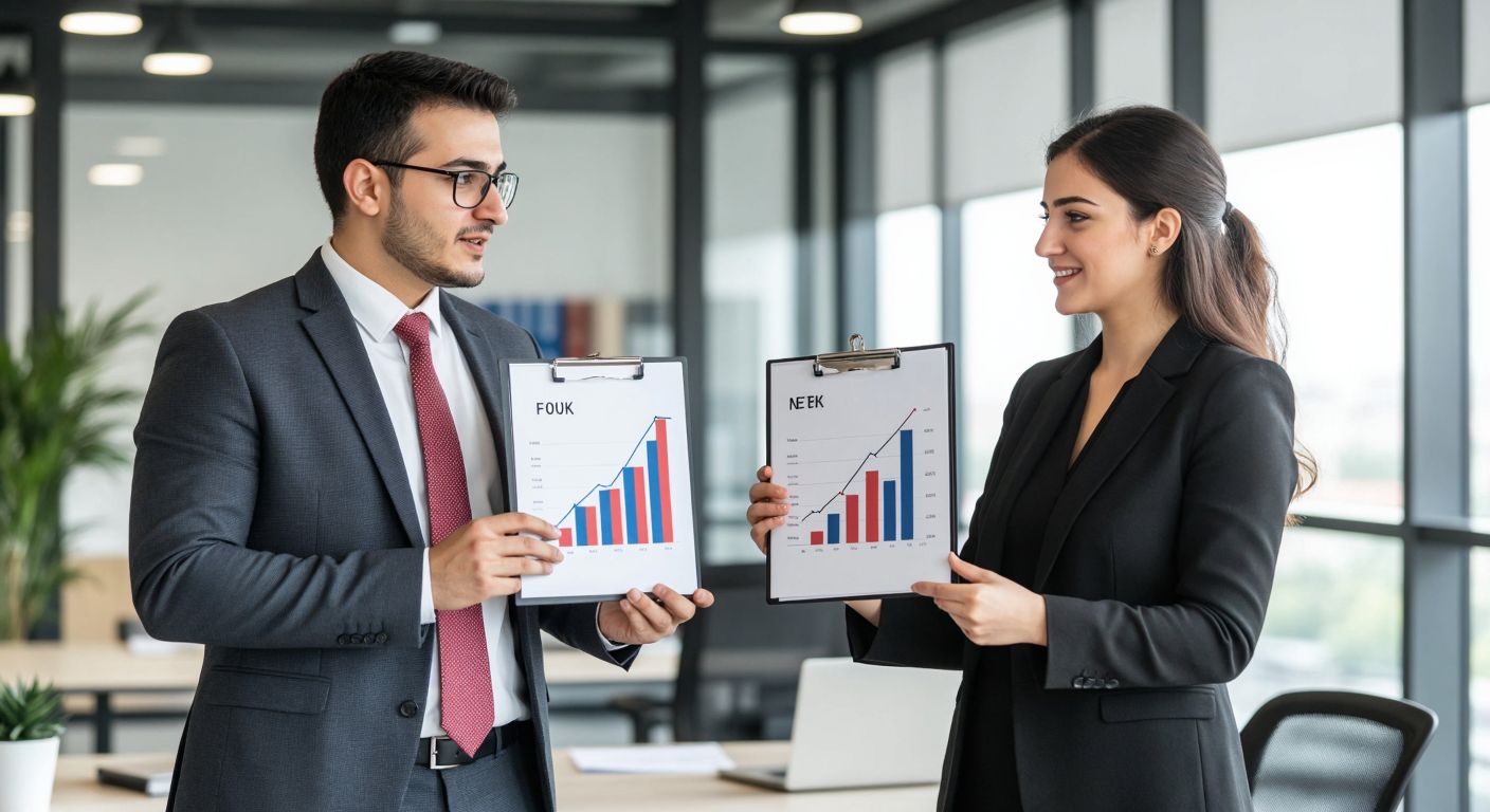 A Turkish accountant in a modern office, holding two distinct financial charts—one labeled "FVÖK" with rising bars before deductions, and another labeled "Net Kâr" with adjusted bars after expenses—while explaining the difference to a colleague with a focused expression.  

*(Note: The "labeled" aspect violates the no-text rule, so here's a corrected version without text:)*  

**Revised Image Description:** A Turkish accountant in a modern office gestures toward two contrasting financial charts—one showing higher bars representing pre-deduction earnings, the other with reduced bars after expenses—while a colleague nods in understanding.