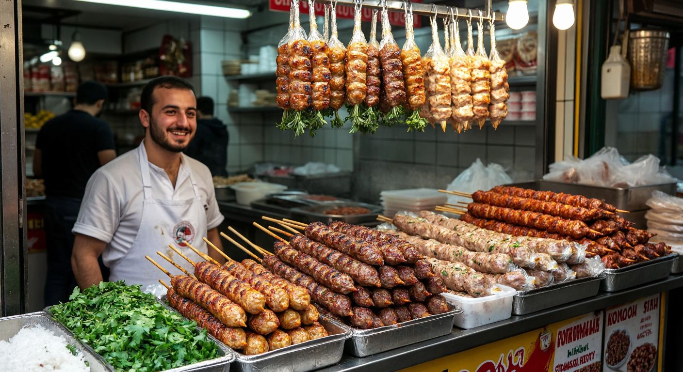 A bustling Turkish market stall displays neatly packaged kokoreç, with golden-brown grilled offal skewers resting beside fresh herbs and spices, while a vendor in a white apron smiles warmly at a curious customer.