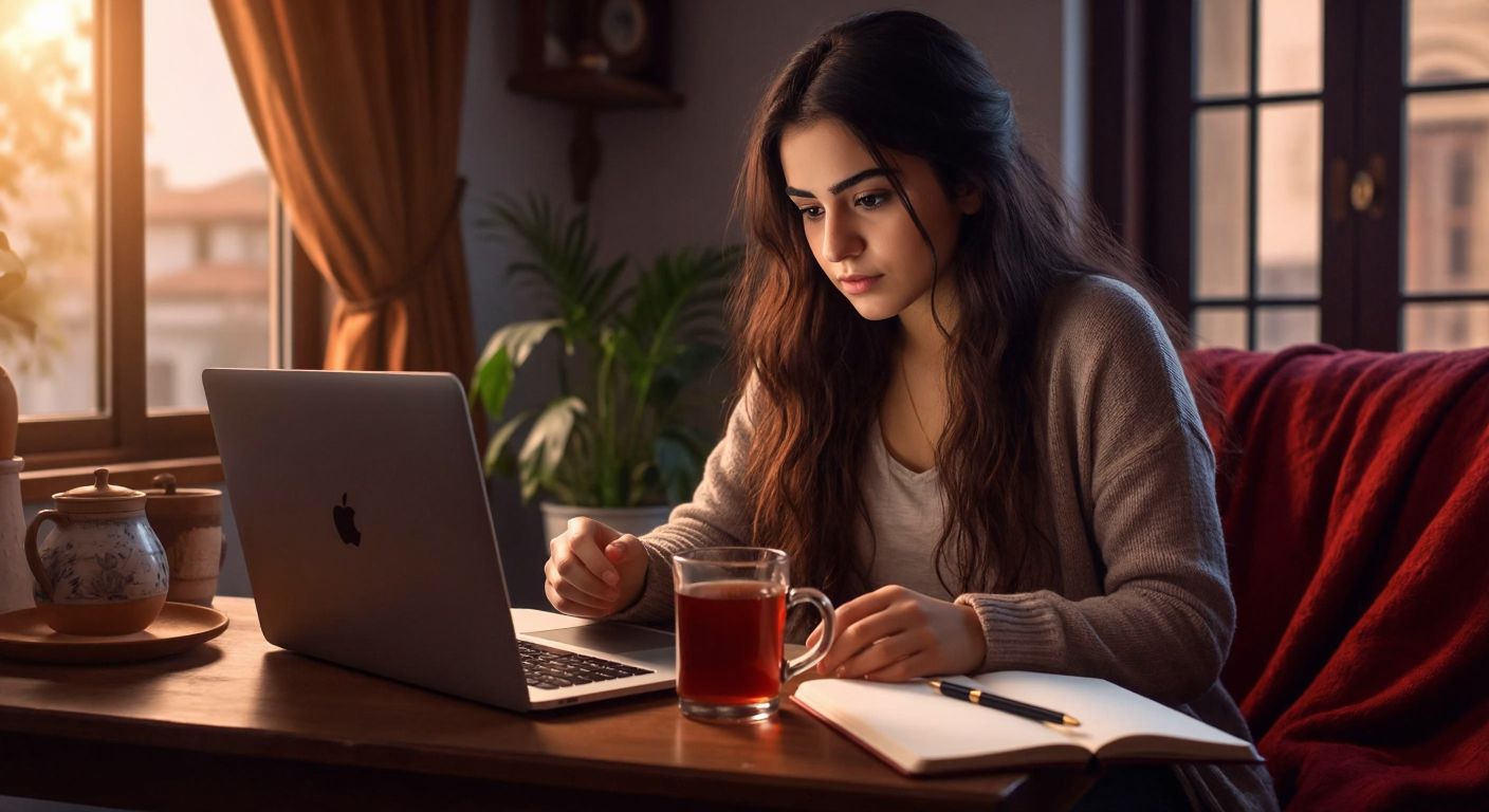 A young Turkish woman in a cozy home setting, wearing casual clothes, intently focuses on her laptop screen while holding a cup of Turkish tea, with a notebook and pen nearby for jotting down account details.