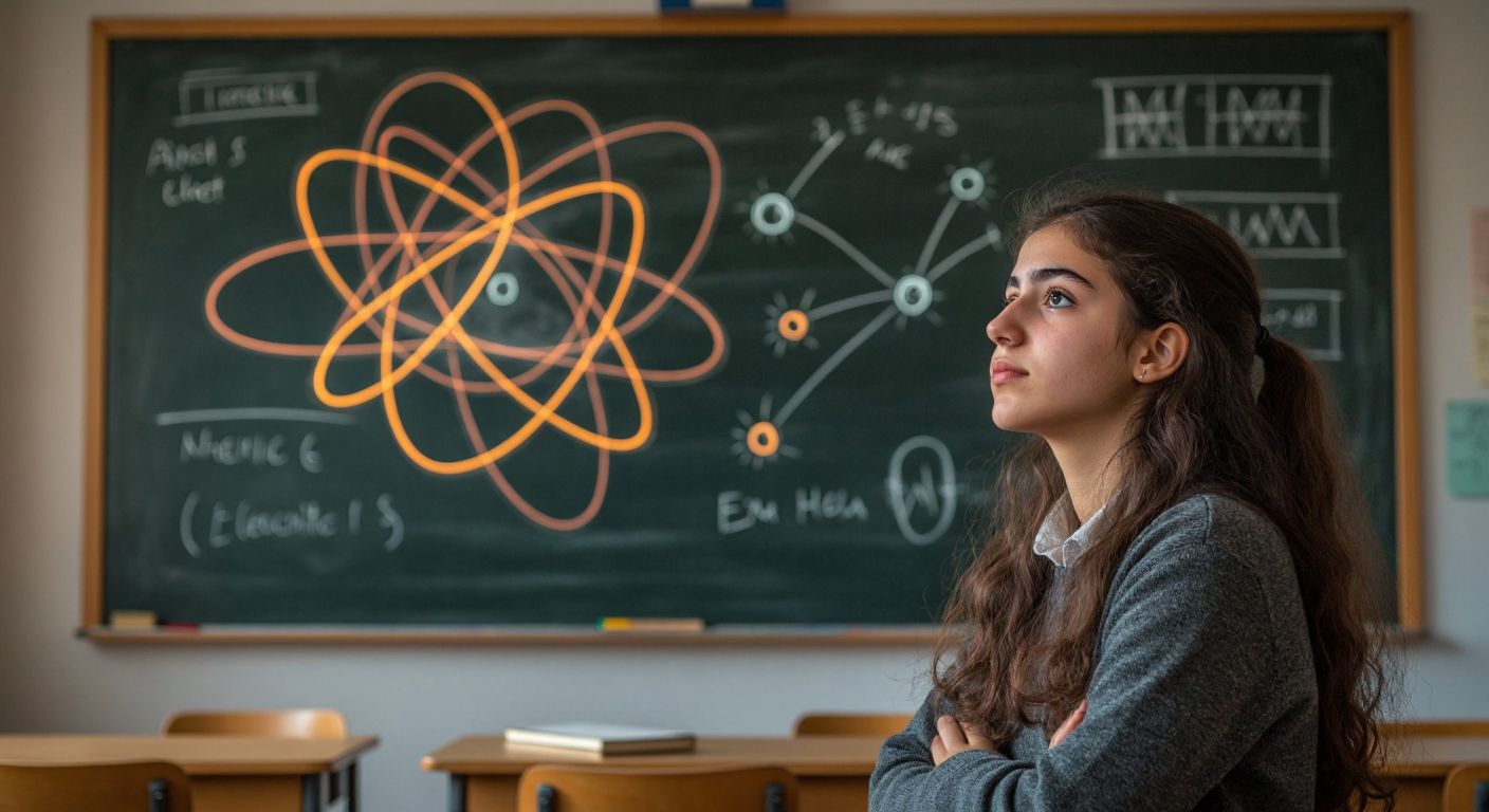 A Turkish high school student in a classroom gazes thoughtfully at a chalkboard displaying abstract representations of physics concepts—rolling balls for mechanics, glowing filaments for electromagnetism, and swirling atoms for nuclear physics.