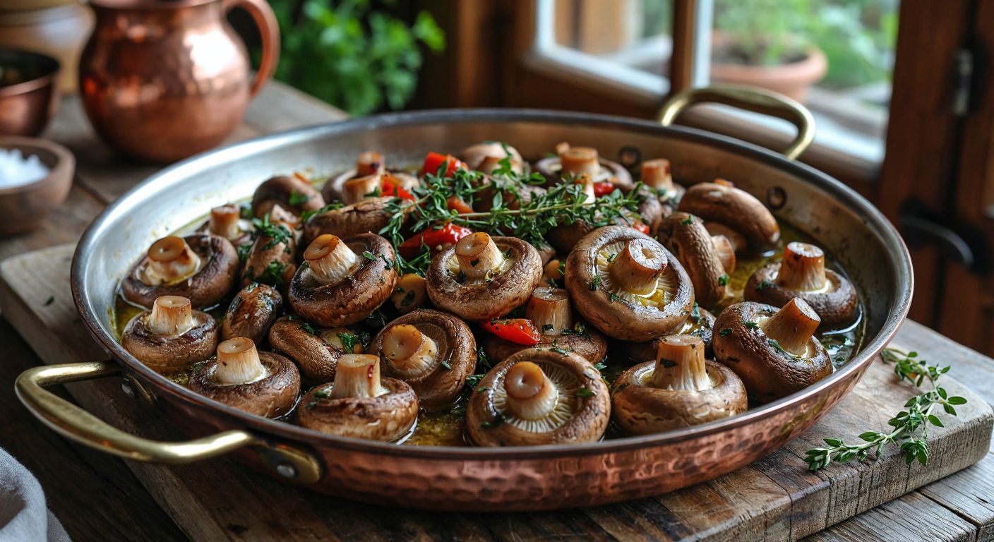 A rustic wooden table in a sunlit Turkish kitchen holds a sizzling copper pan filled with golden-brown Kanlıca mushrooms sautéed with olive oil, fresh herbs, and a hint of red pepper, emitting a warm, earthy aroma.