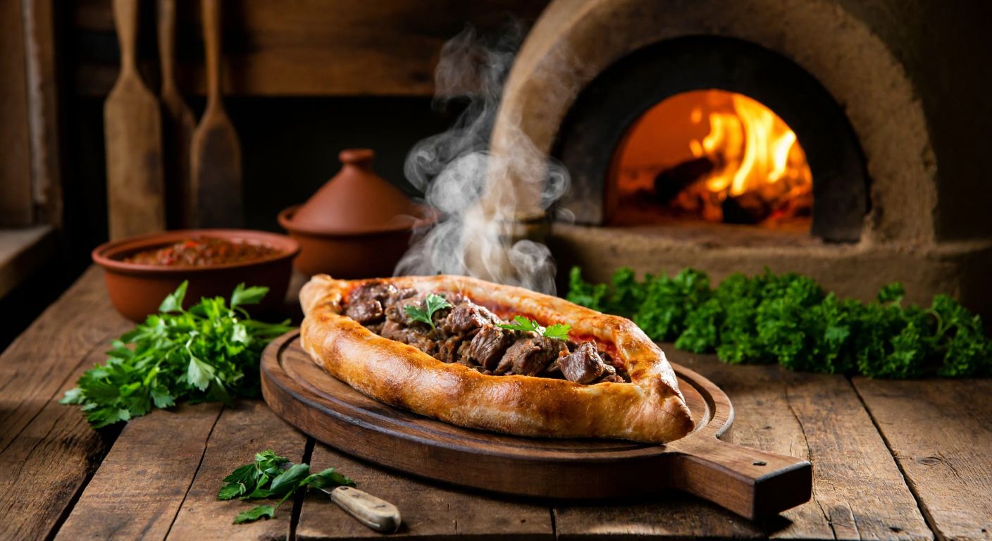 A golden-brown **lokum pide** filled with tender **kuzu tandır** sits on a rustic wooden table, steam rising from the freshly baked bread, surrounded by fresh herbs and a clay tandır oven glowing in the background.