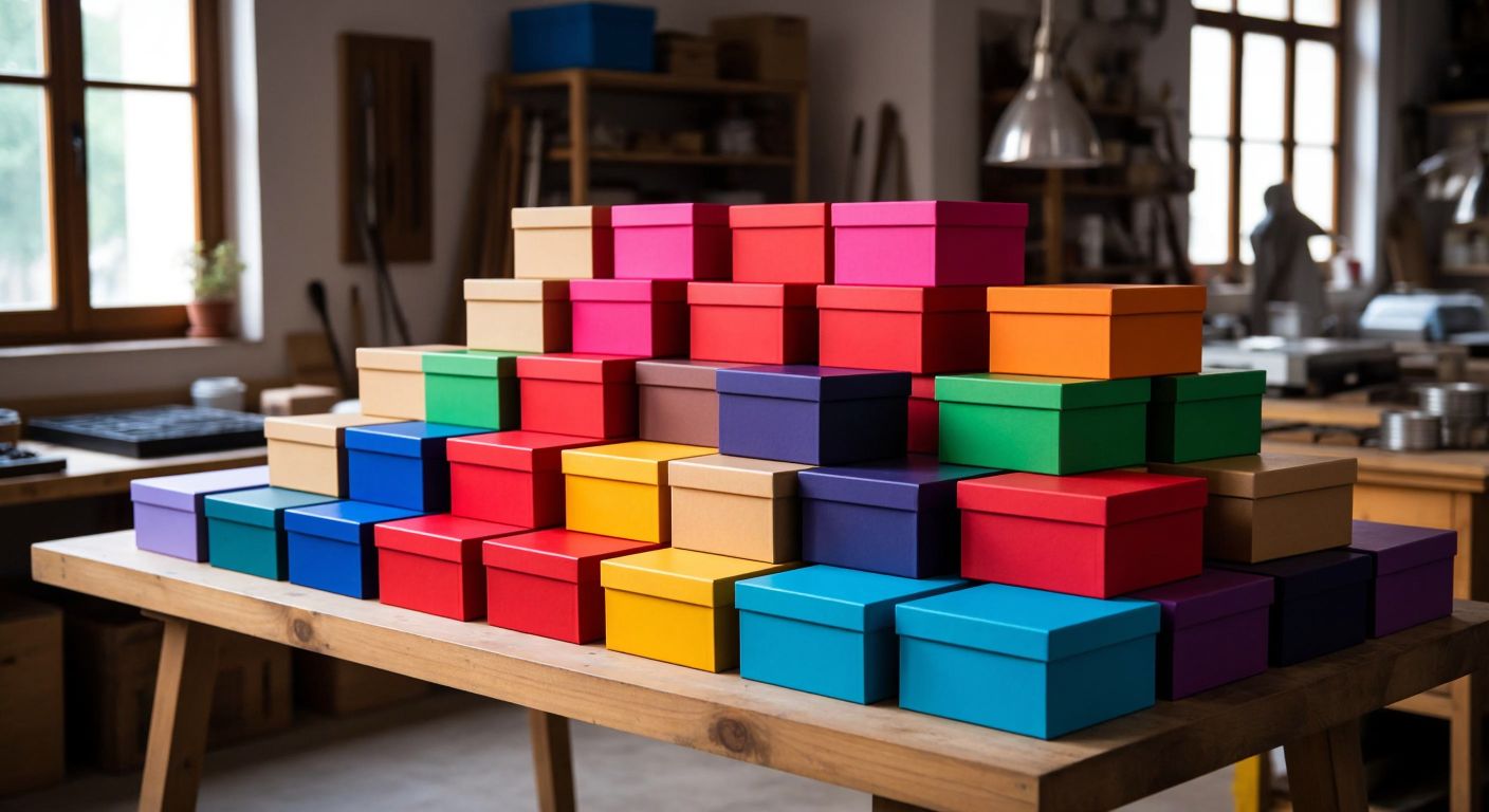 A colorful array of sturdy cardboard, glossy plastic, and eco-friendly kraft boxes neatly stacked on a wooden table in a Turkish workshop, with a craftsman inspecting their durability and design.
