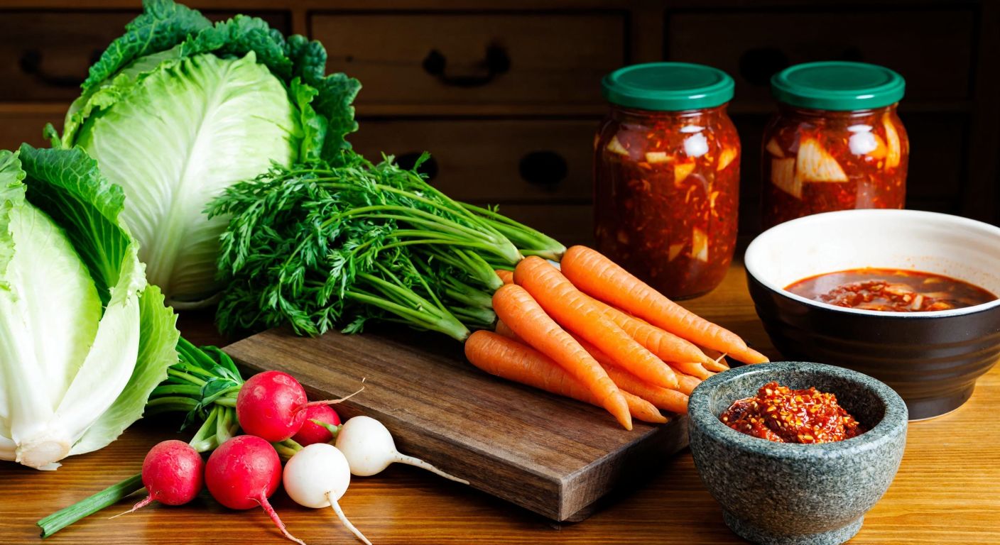 A vibrant Korean kitchen scene with fresh Napa cabbages, carrots, radishes, and green onions arranged on a wooden table, surrounded by traditional kimchi jars and a mortar filled with red chili paste.