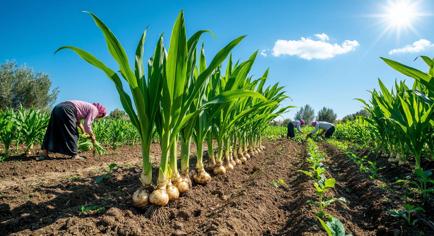 A sunlit field in Antalya with lush green ginger plants, their roots peeking through the soil, surrounded by farmers in traditional Turkish attire carefully tending to the crops under a bright blue sky.
