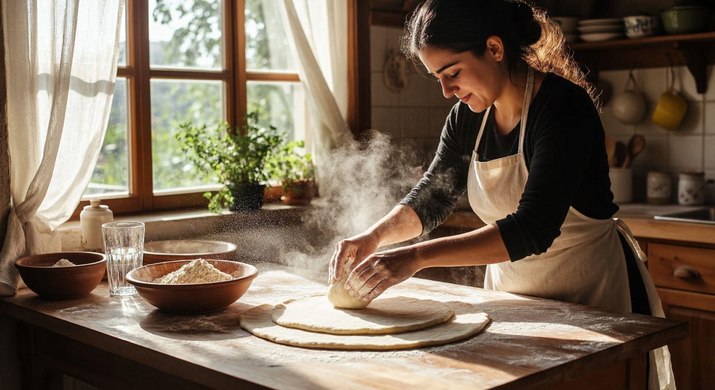 A Turkish woman in a sunlit kitchen kneading soft dough on a floured wooden surface, with a bowl of flour and a glass of water nearby, her hands dusted with flour as she prepares to roll out thin, round lavaş for çiğ köfte.