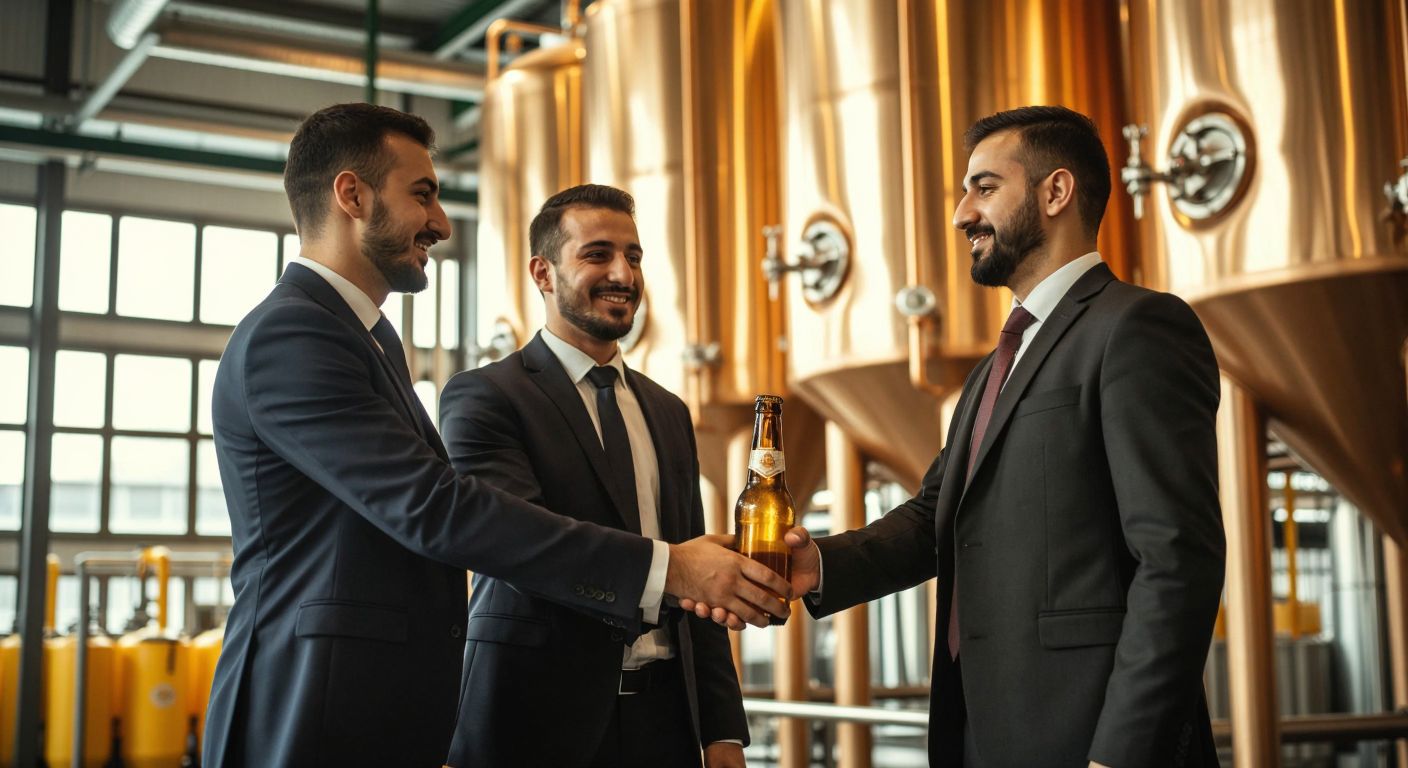 A group of Turkish businessmen in suits shaking hands in front of a modern brewery, with golden beer bottles gleaming under warm light, symbolizing partnership and success.