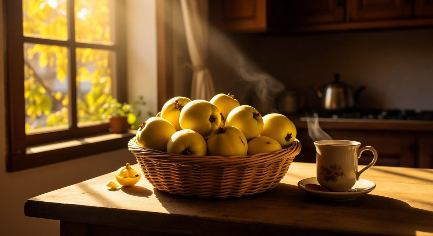 A basket of ripe quinces resting on a wooden table in a cozy Turkish kitchen, with warm sunlight streaming through the window and a steaming cup of tea nearby.