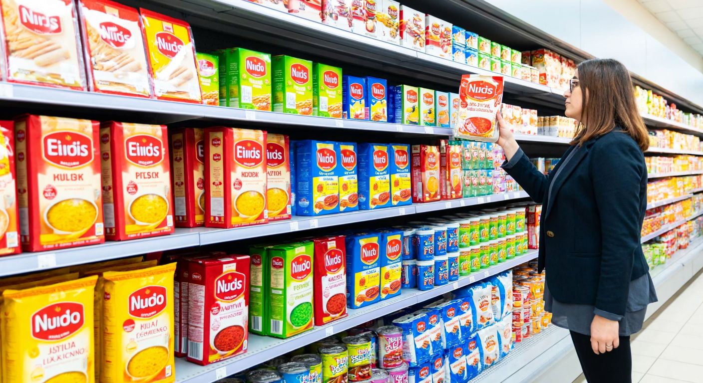 A vibrant Turkish supermarket shelf displaying colorful packages of Eriş flour and Nudo instant noodles side by side, with a shopper in casual attire curiously comparing them.