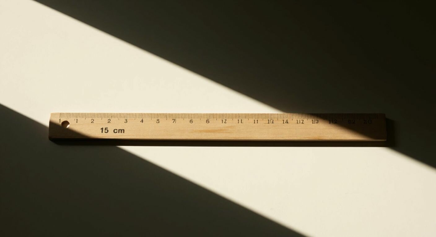 A wooden ruler lies flat on a sunlit table, with one end marked at 6.1 inches and the other at 15.54 centimeters, casting a soft shadow.