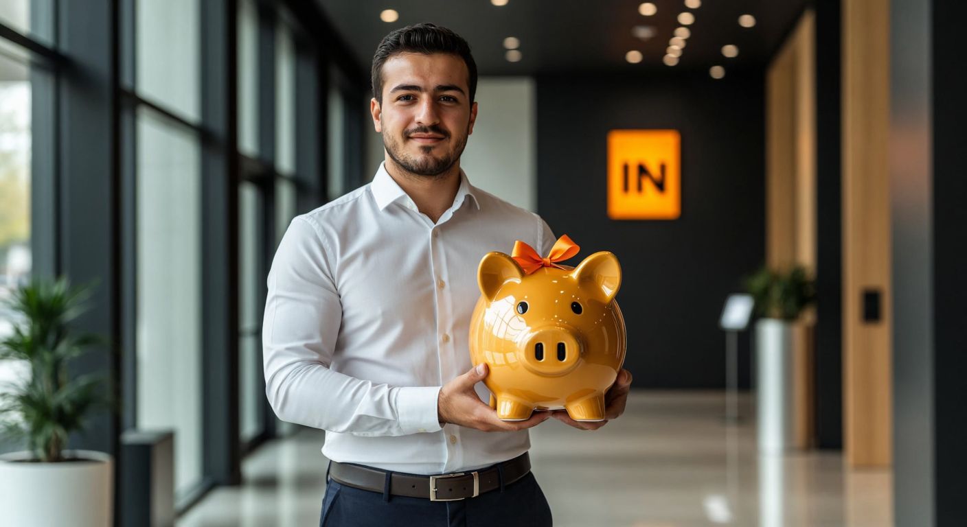A Turkish man in a crisp white shirt and dark trousers stands confidently in a modern bank lobby, holding a golden piggy bank with a bright orange ribbon, symbolizing high interest rates, while a sleek ING Bank logo glows subtly in the background.