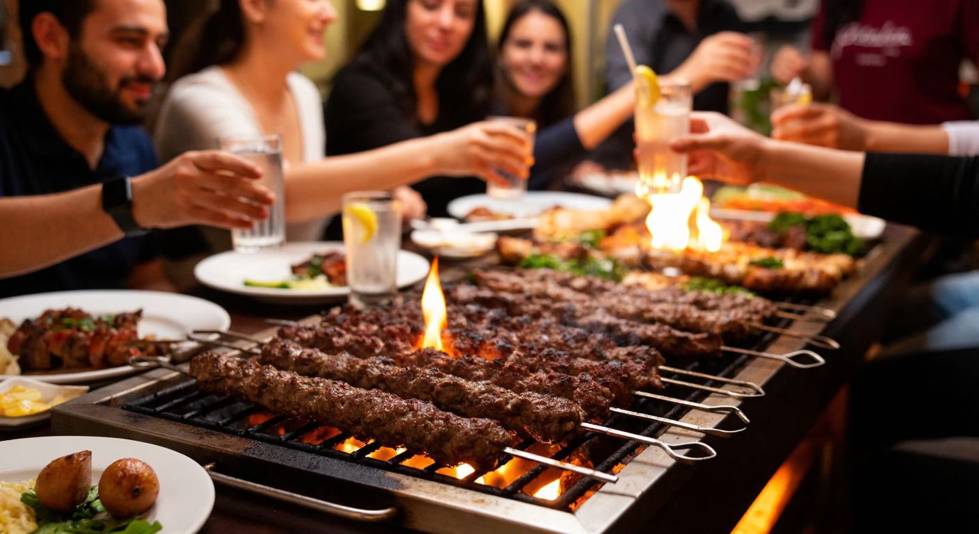 A lively Turkish ocakbaşı restaurant with sizzling skewers of Adana kebab on a glowing charcoal grill, surrounded by diners clinking glasses of rakı in a warm, bustling atmosphere.