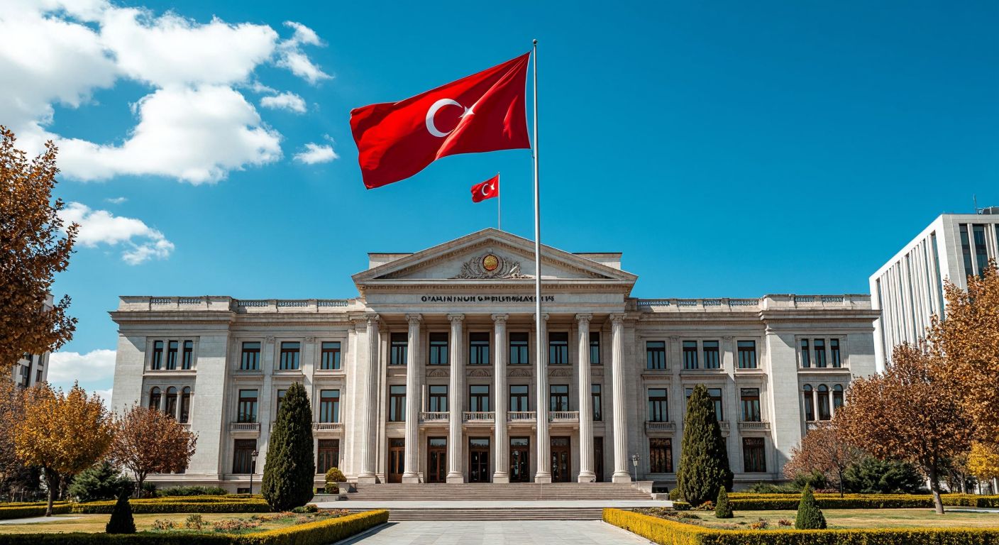A grand government building in Ankara with the Turkish flag flying high, symbolizing state ownership, while a modern bank facade nearby represents the minority shareholders.