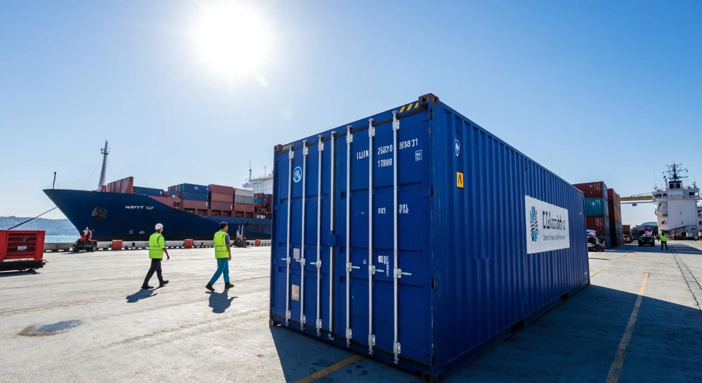 A large blue shipping container sits on a bustling Turkish port dock, with workers in reflective vests nearby, and a cargo ship visible in the background under a bright sun.